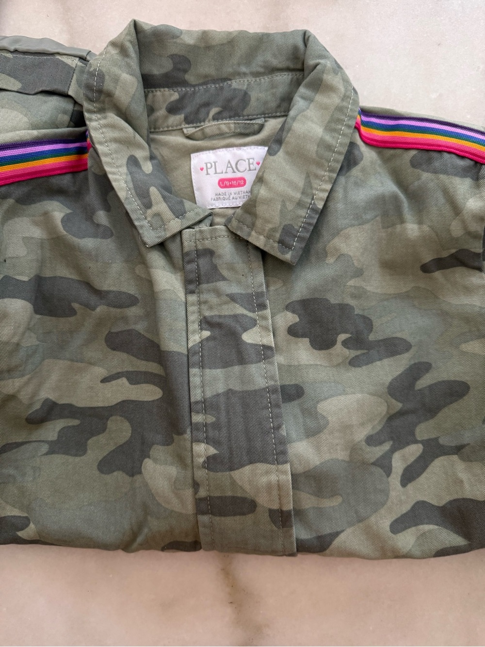 The Children's Place Olive Camo Button-Down Shirt with Rainbow Shoulder Stripes